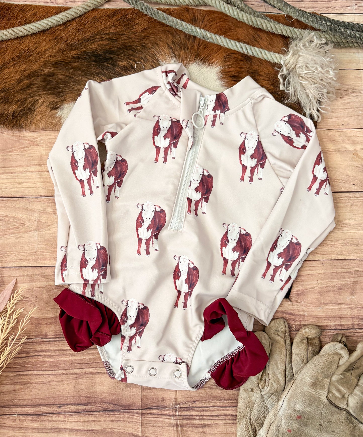 Hereford Cattle Ruffle Sun-Safe One Piece Swimsuit