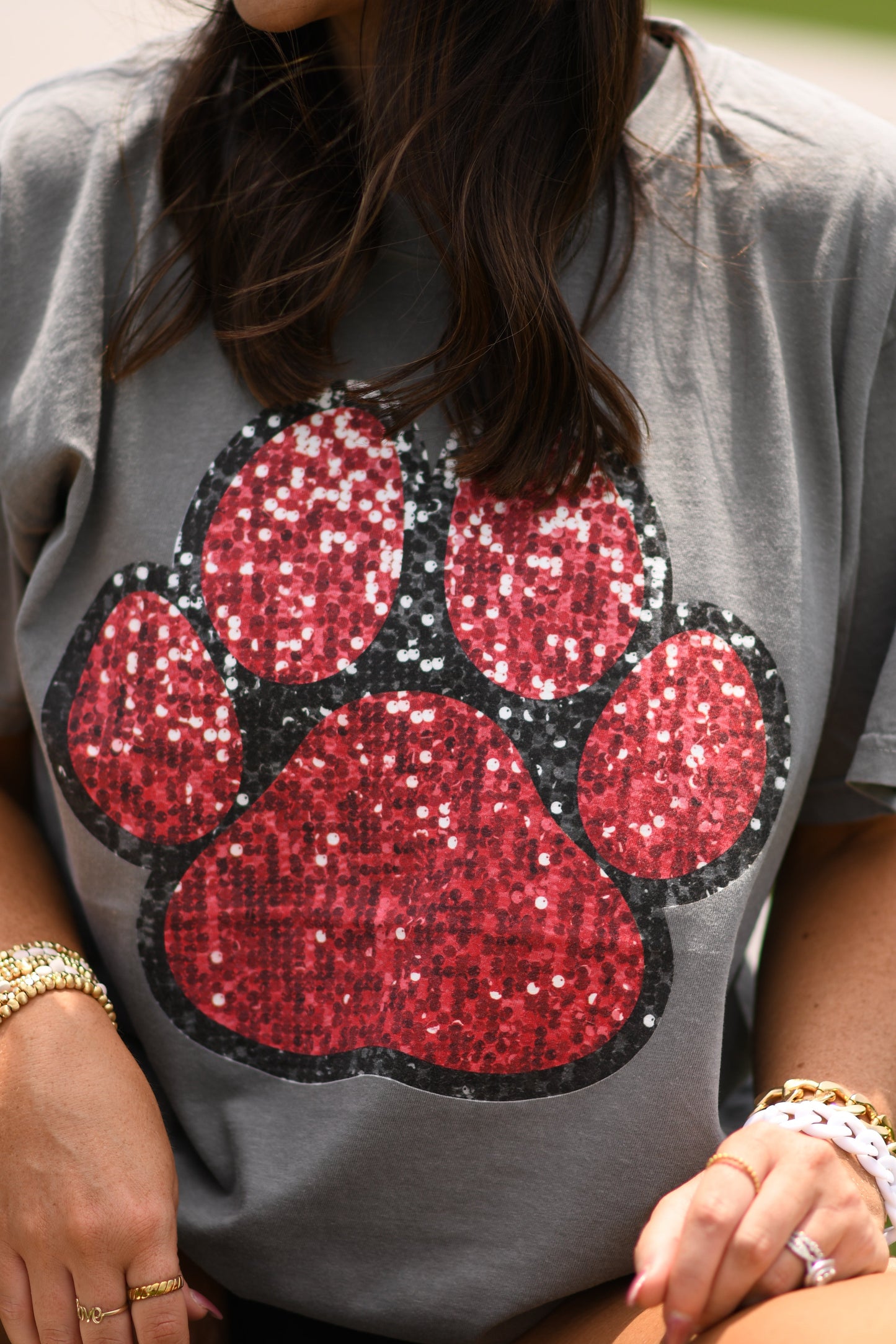 Red & Black Faux Glitter Paw Print Tee