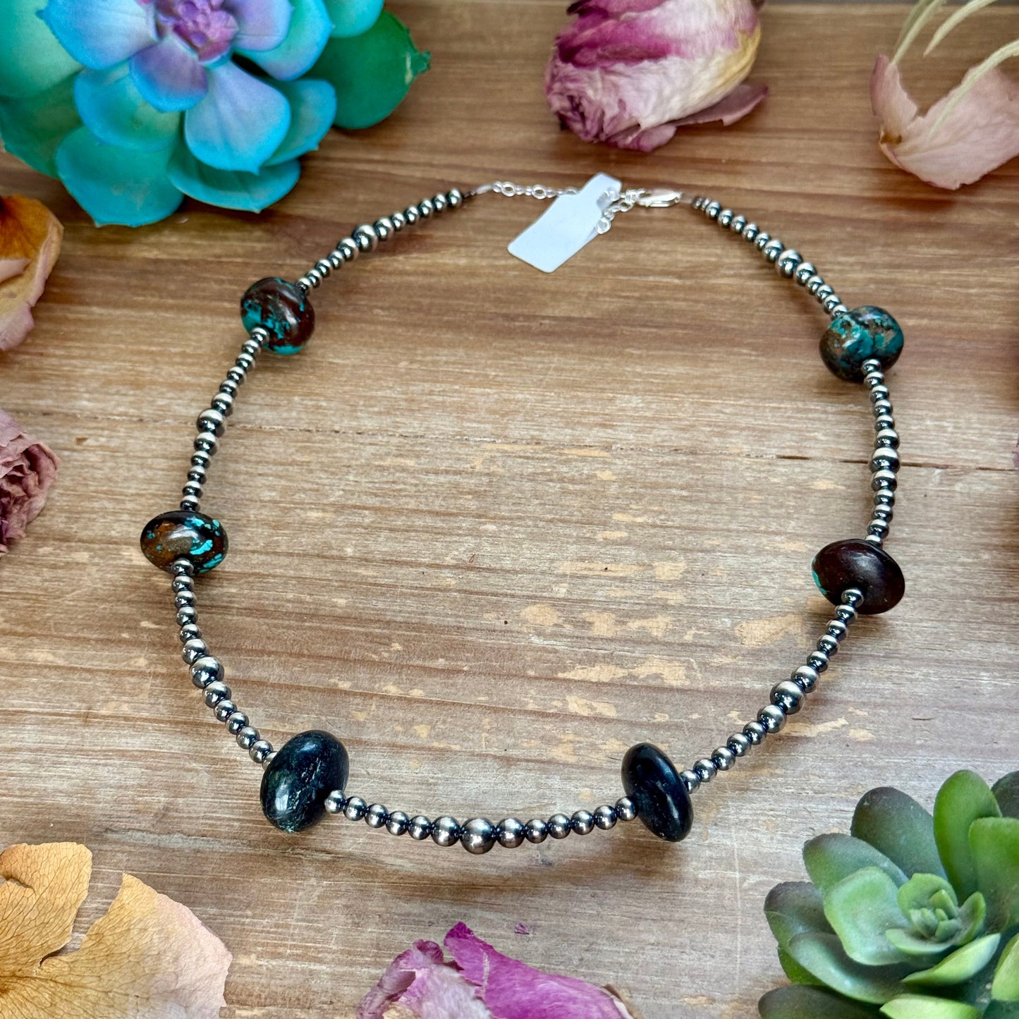 17.5” Turquoise Rondelle Necklace – Sterling Silver Pearls