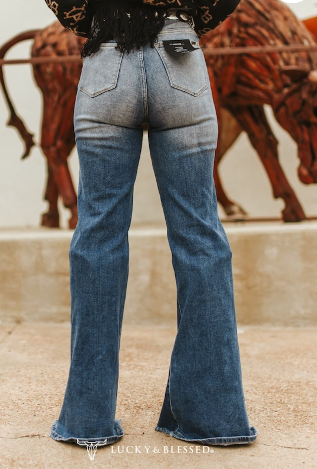 Dark Wash High Rise Distressed Knee Flare Jeans W Slits Hem (33.5in Inseam)