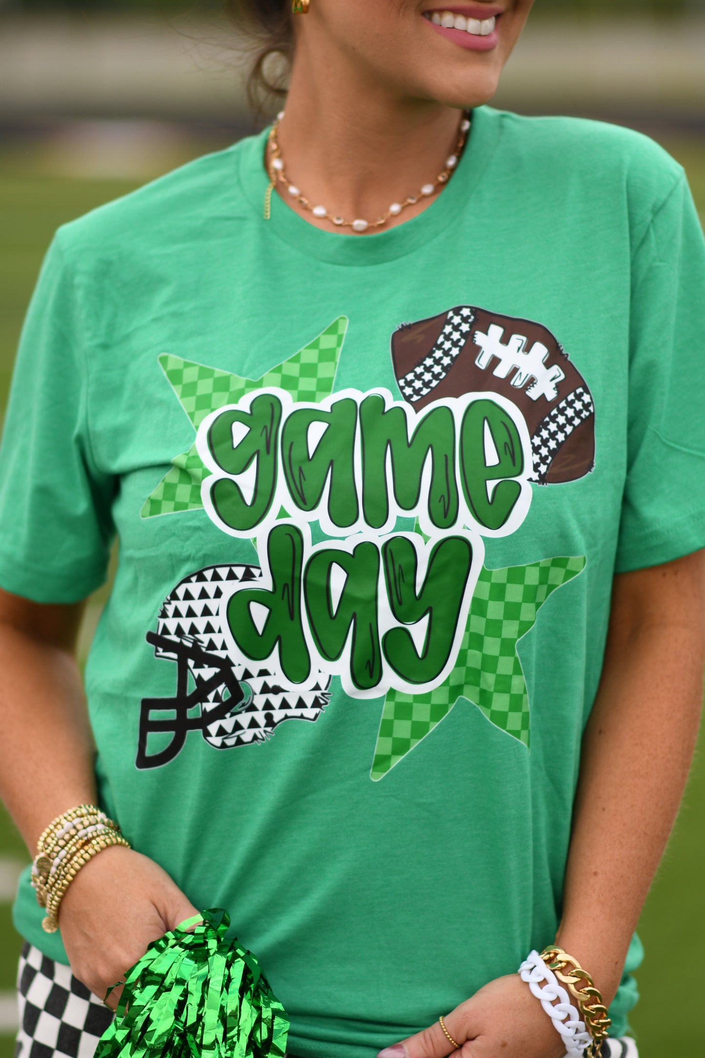 Green Game Day Checkered Stars Tee
