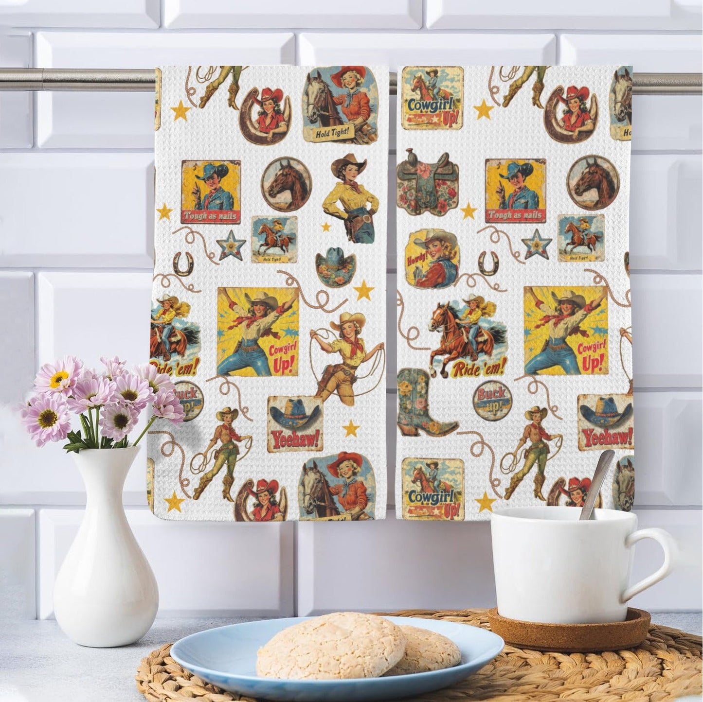 Vintage Cowgirl Collage Dish Towels Set of 2 Made in America
