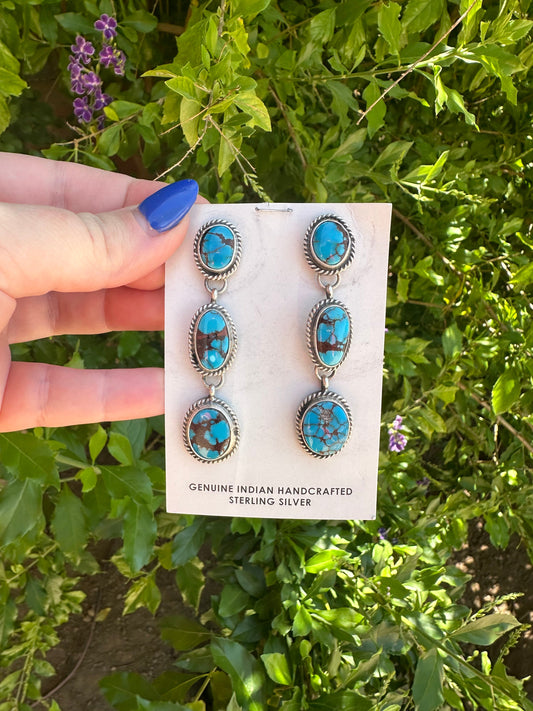 Navajo Turquoise & Sterling Silver 3 Stone Dangle Earrings Signed Marcella James