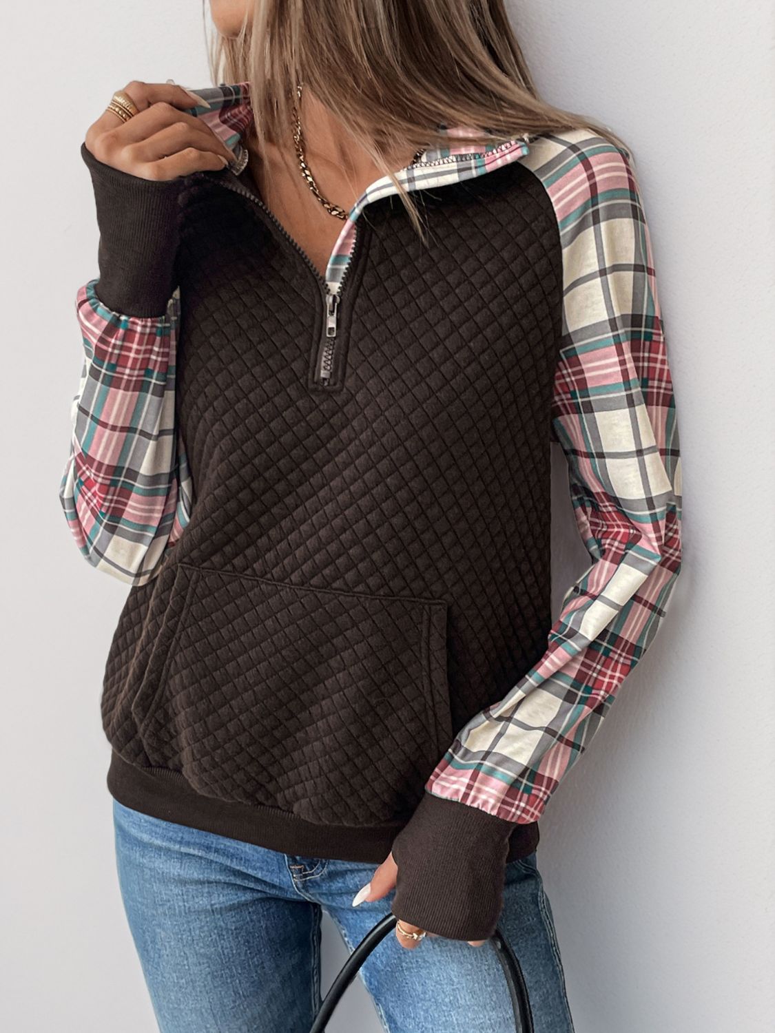 Perfee Plaid Half Zip Long Sleeve Sweatshirt