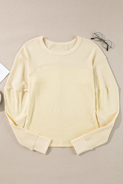 Waffle-Knit Round Neck Long Sleeve Top