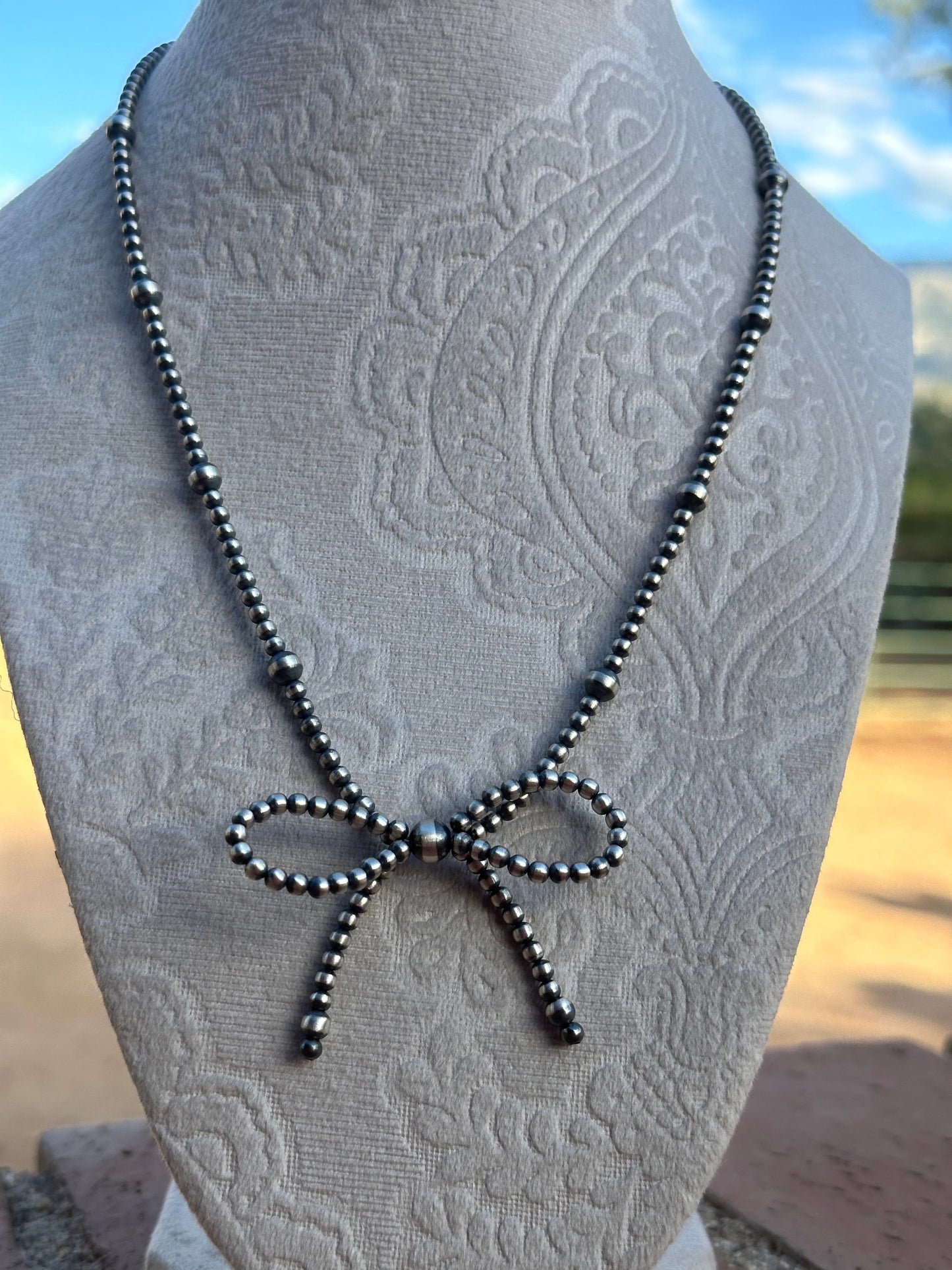 Navajo Made 3-6mm Sterling Silver Pearl Beaded Bow Tie  Necklaces