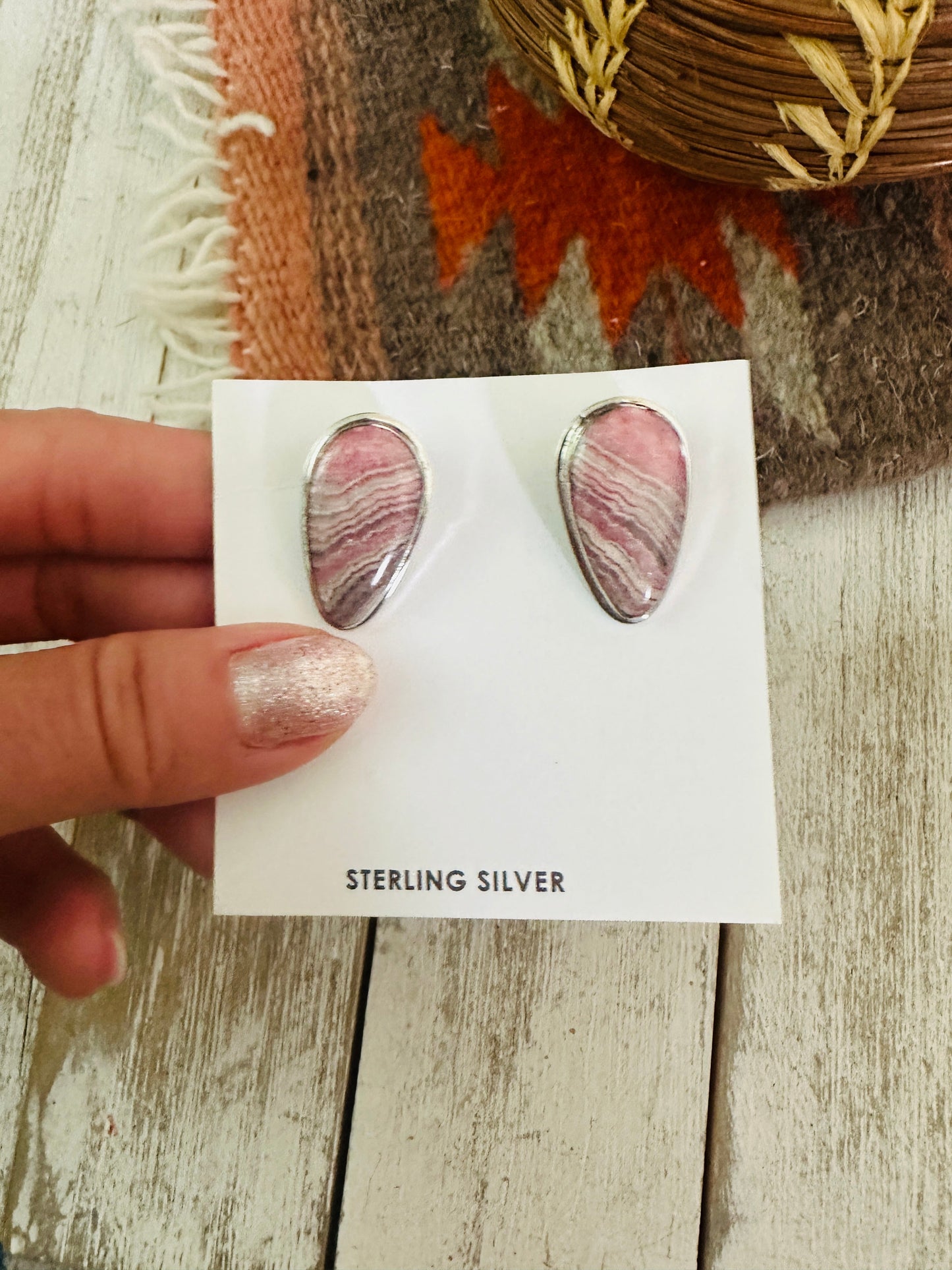 Navajo Rhodochrosite and Sterling Silver Clip On Earrings