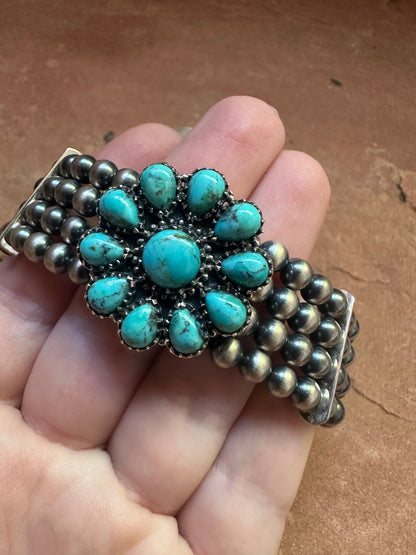 Handmade Sterling Silver & Turquoise Beaded Navajo Pearl Style Bracelet