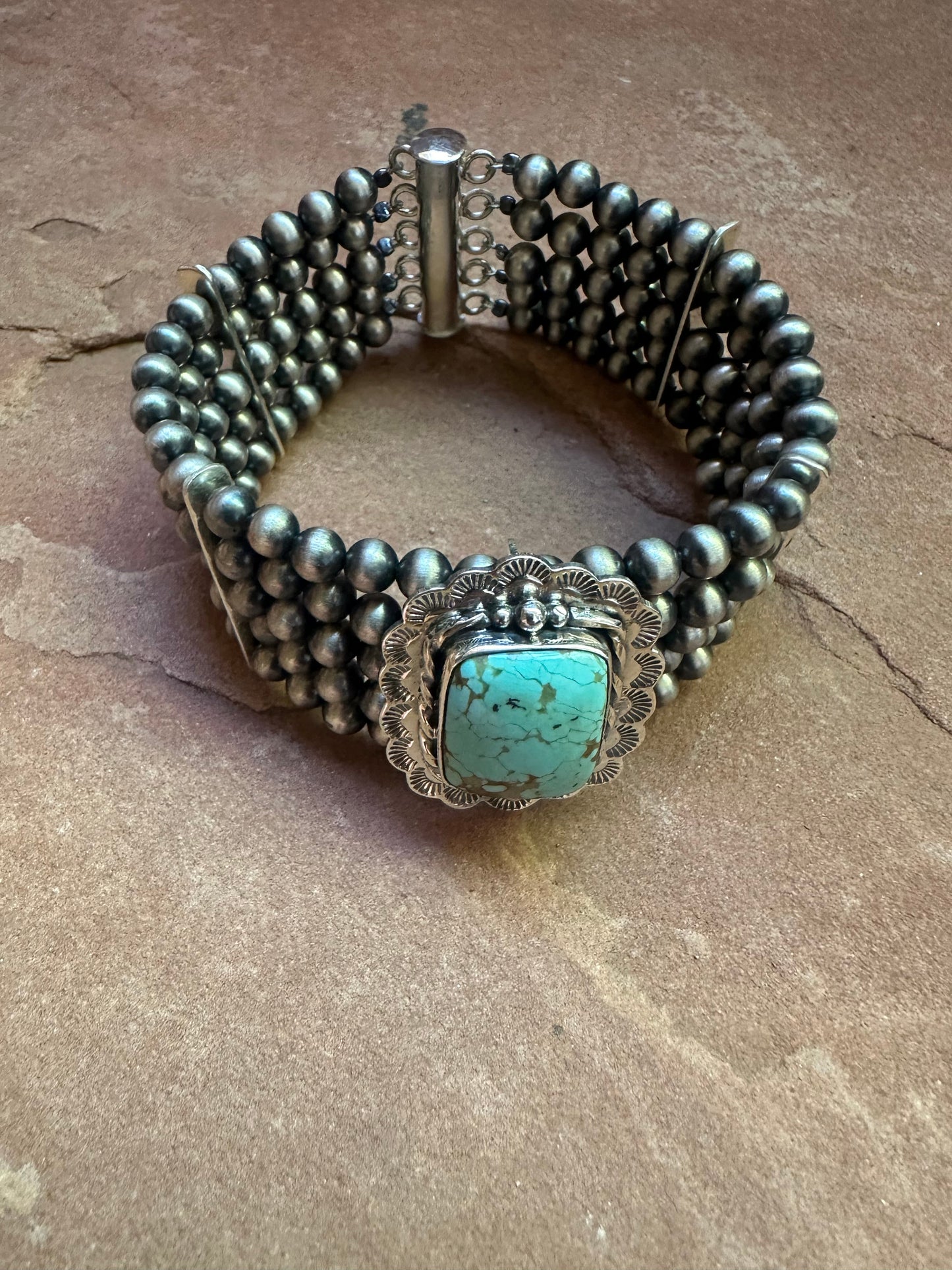 Handmade Sterling Silver & Number 8 Turquoise Beaded Navajo Pearl Style Bracelet