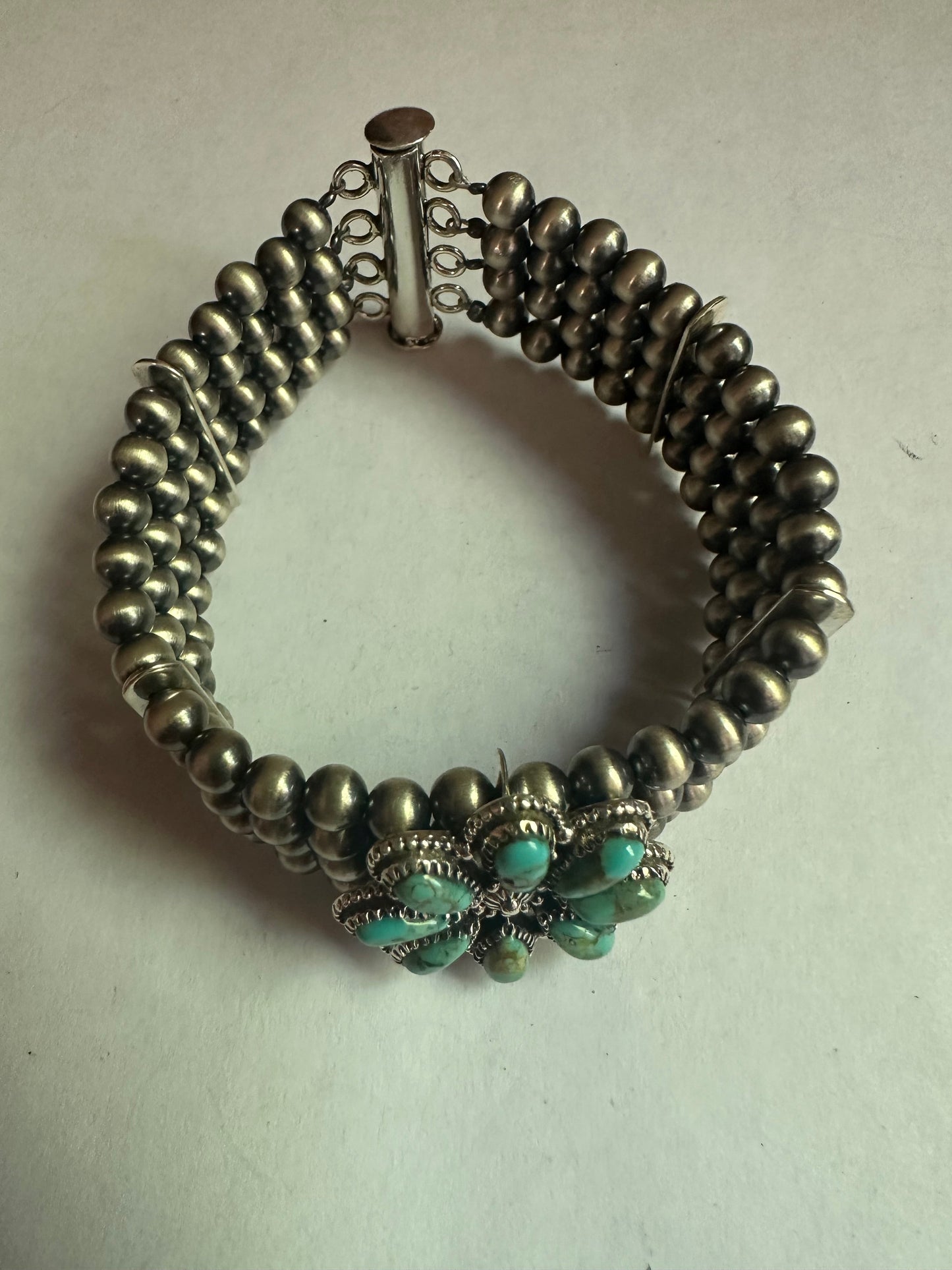 Handmade Sterling Silver & Turquoise Beaded Navajo Pearl Style Bracelet