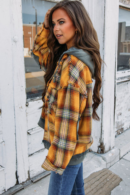 Orange Plaid Patch Hooded Frayed Snap Button Jacket