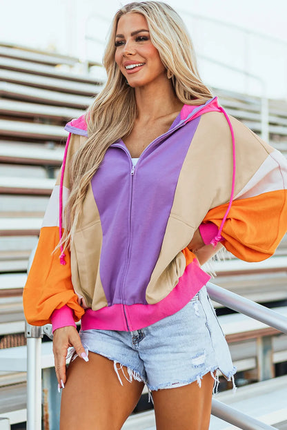 Drawstring Color Block Zip Up Long Sleeve Hoodie