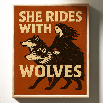 She Rides With Wolves Rustic Art Print