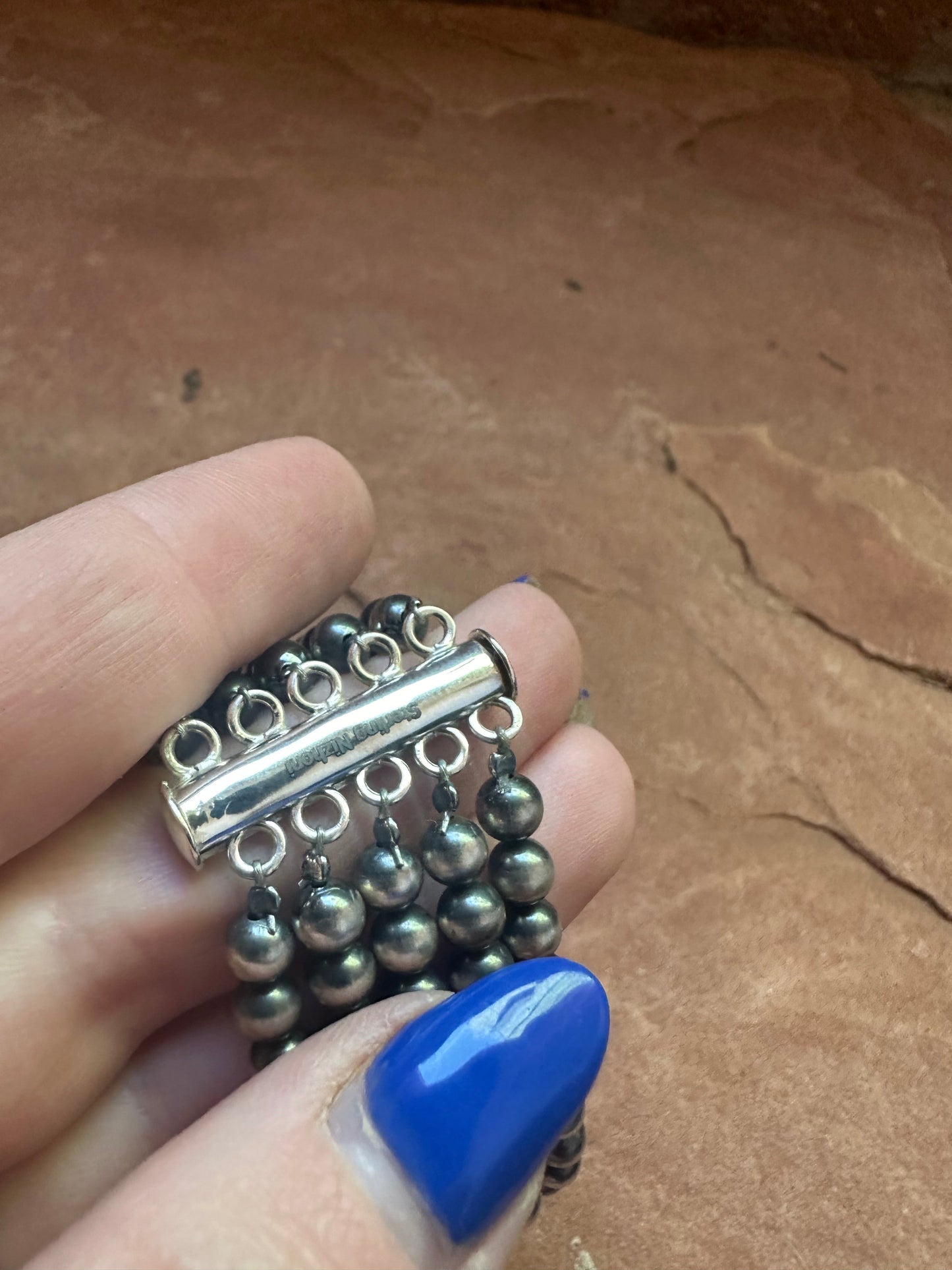 Handmade Sterling Silver & Number 8 Turquoise Beaded Navajo Pearl Style Bracelet