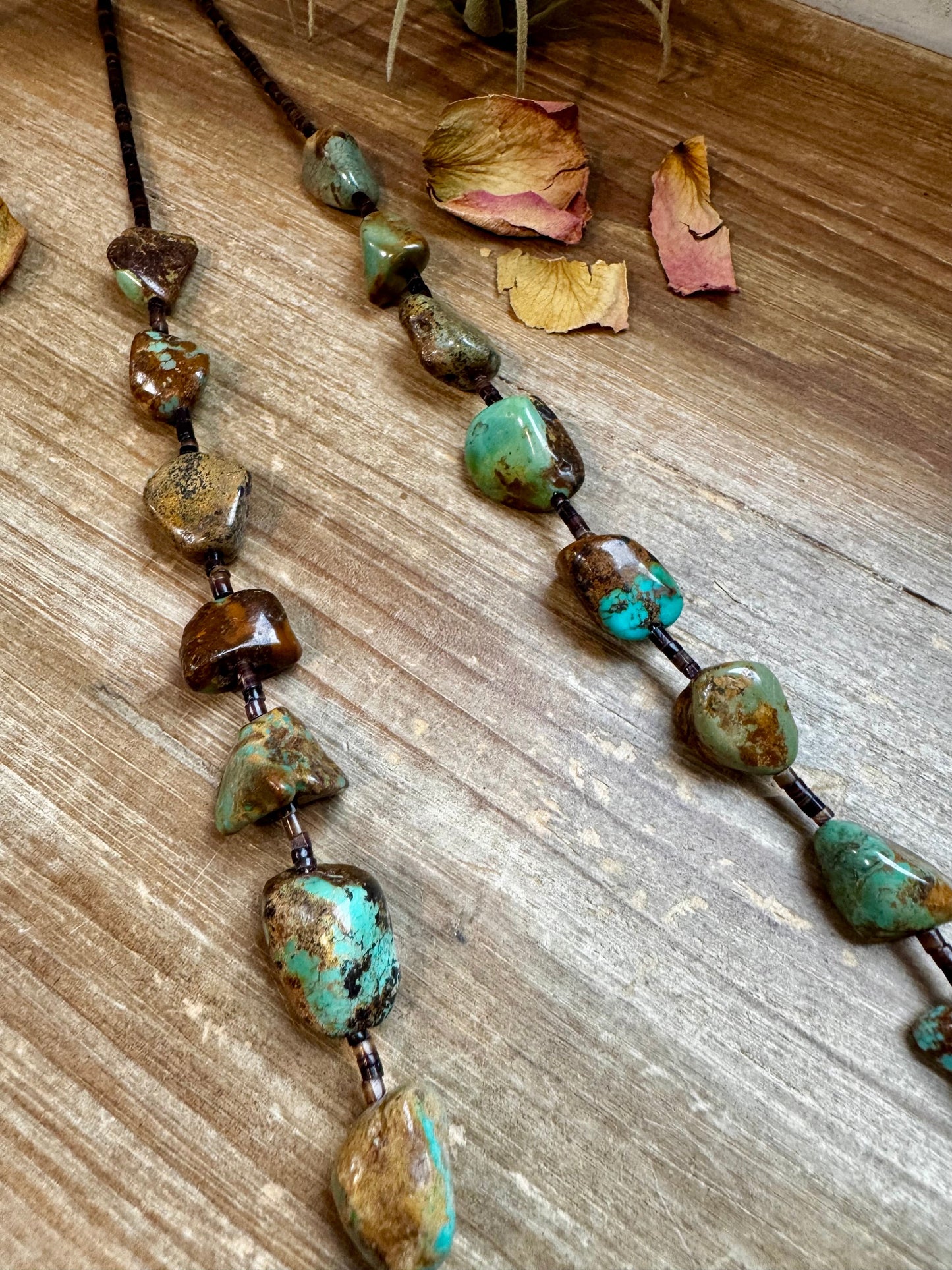 34-Inch Long Turquoise Nugget & Brown Shell Necklace