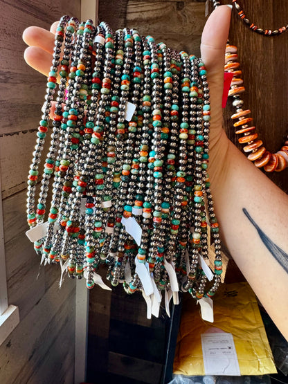 18-Inch Sterling Silver Pearl Necklace – Mixed Turquoise & Spiny Oyster (5mm)