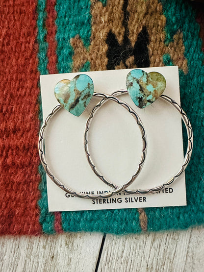 Navajo Turquoise & Sterling Silver Heart Hoop Earrings