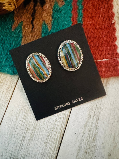 Navajo Rainbow Calsilica & Sterling Silver Oval Post Earrings