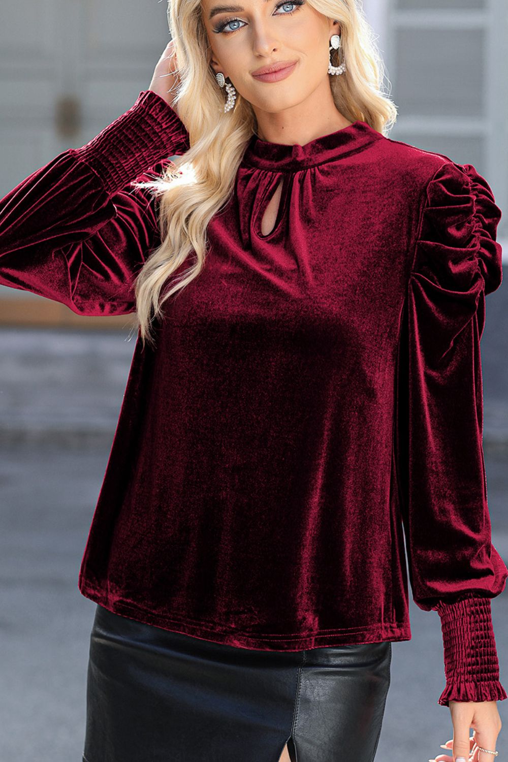 Mock Neck Puff Sleeve Velvet Blouse