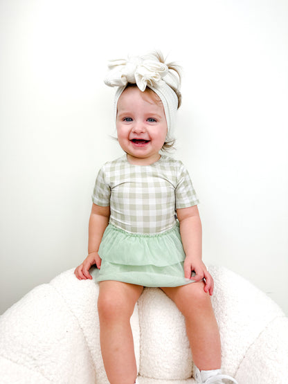 SAGE GINGHAM DREAM TUTU BODYSUIT DRESS