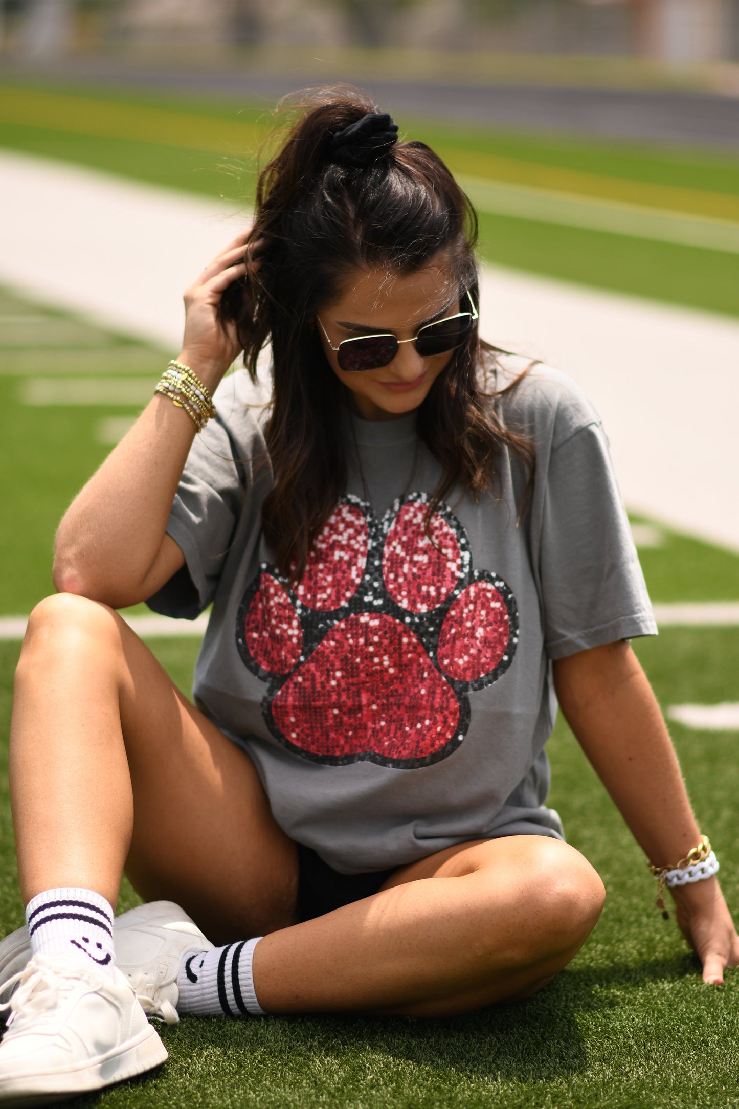 Red & Black Faux Glitter Paw Print Tee