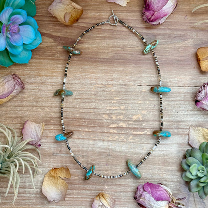 22” Chunky Turquoise & Dark Brown Shell Heishi Necklace