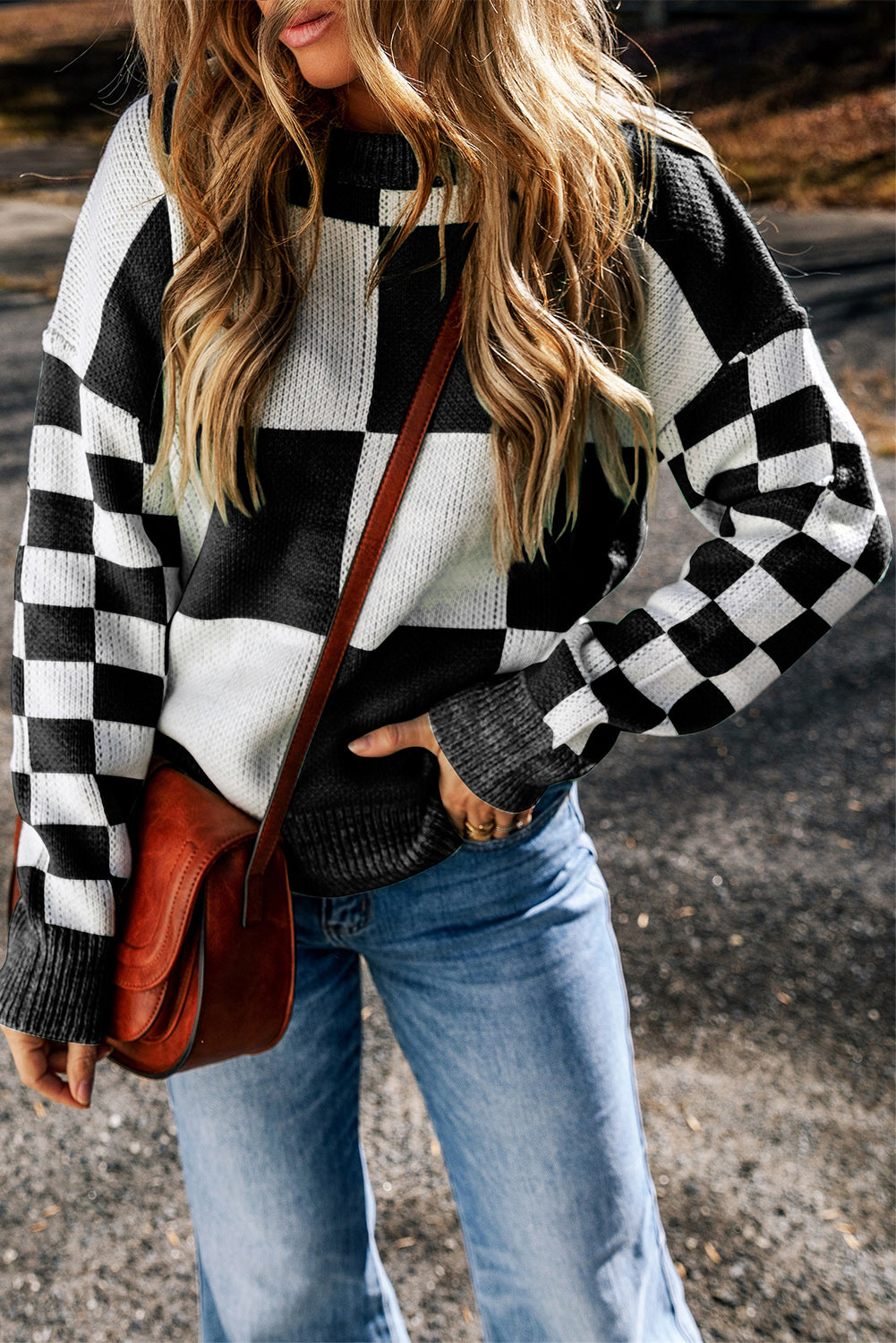 Checkered Round Neck Drop Shoulder Sweater