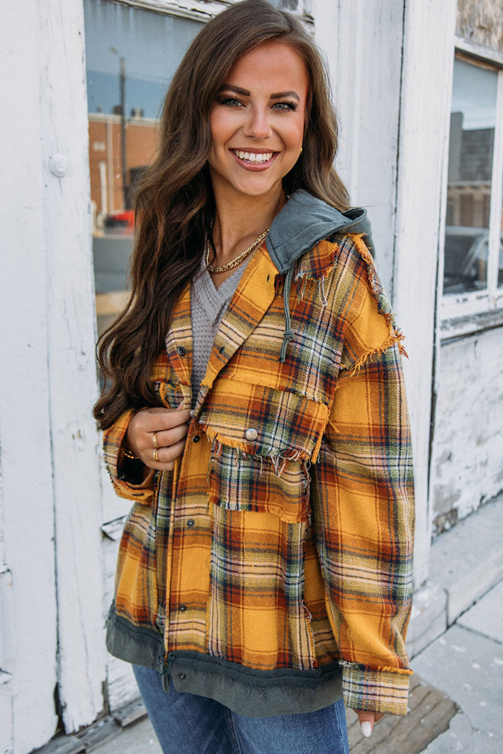 Orange Plaid Patch Hooded Frayed Snap Button Jacket