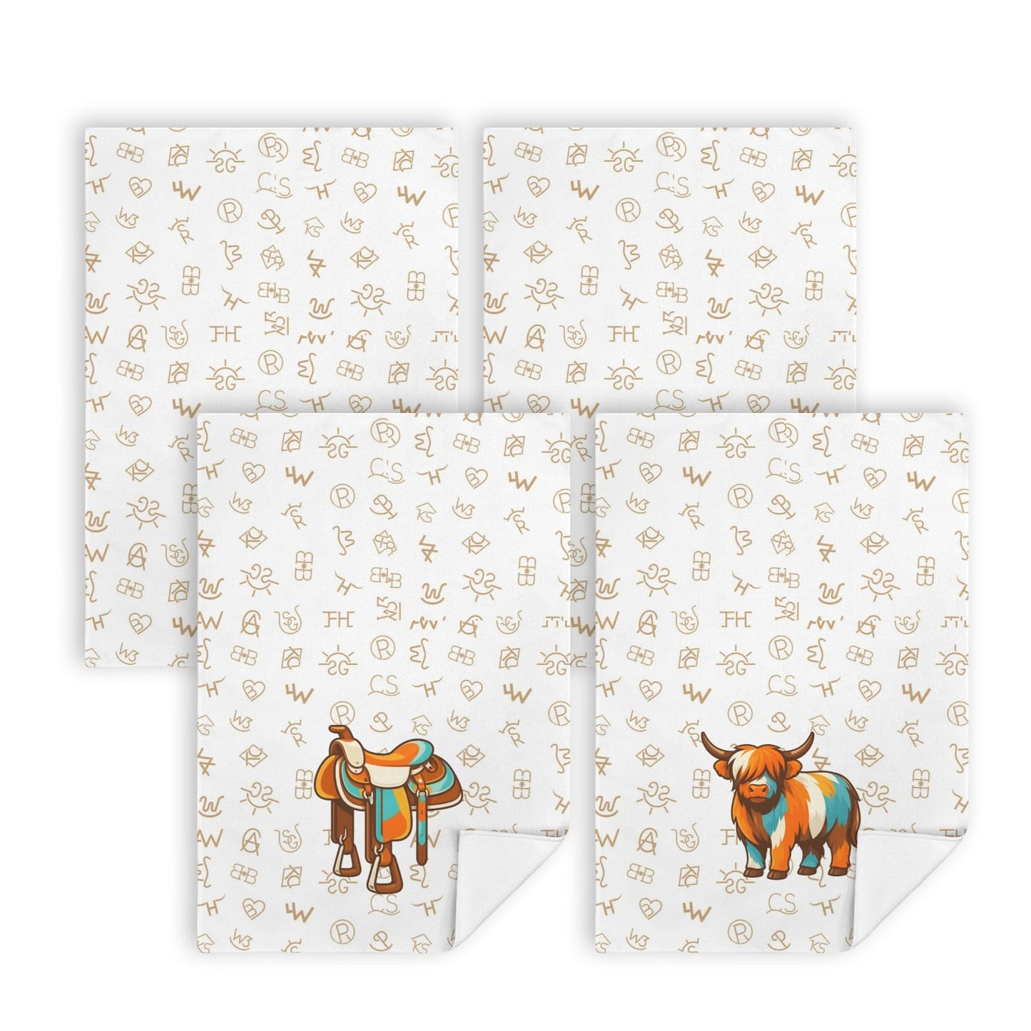 Set of 4 Minimalistic Western Highland Cow Cattle Brands Kitchen Towels Made in America