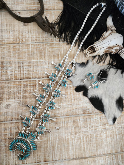 EVA WYACO ZUNI STYLE TURQUOISE SQUASH BLOSSOM SET