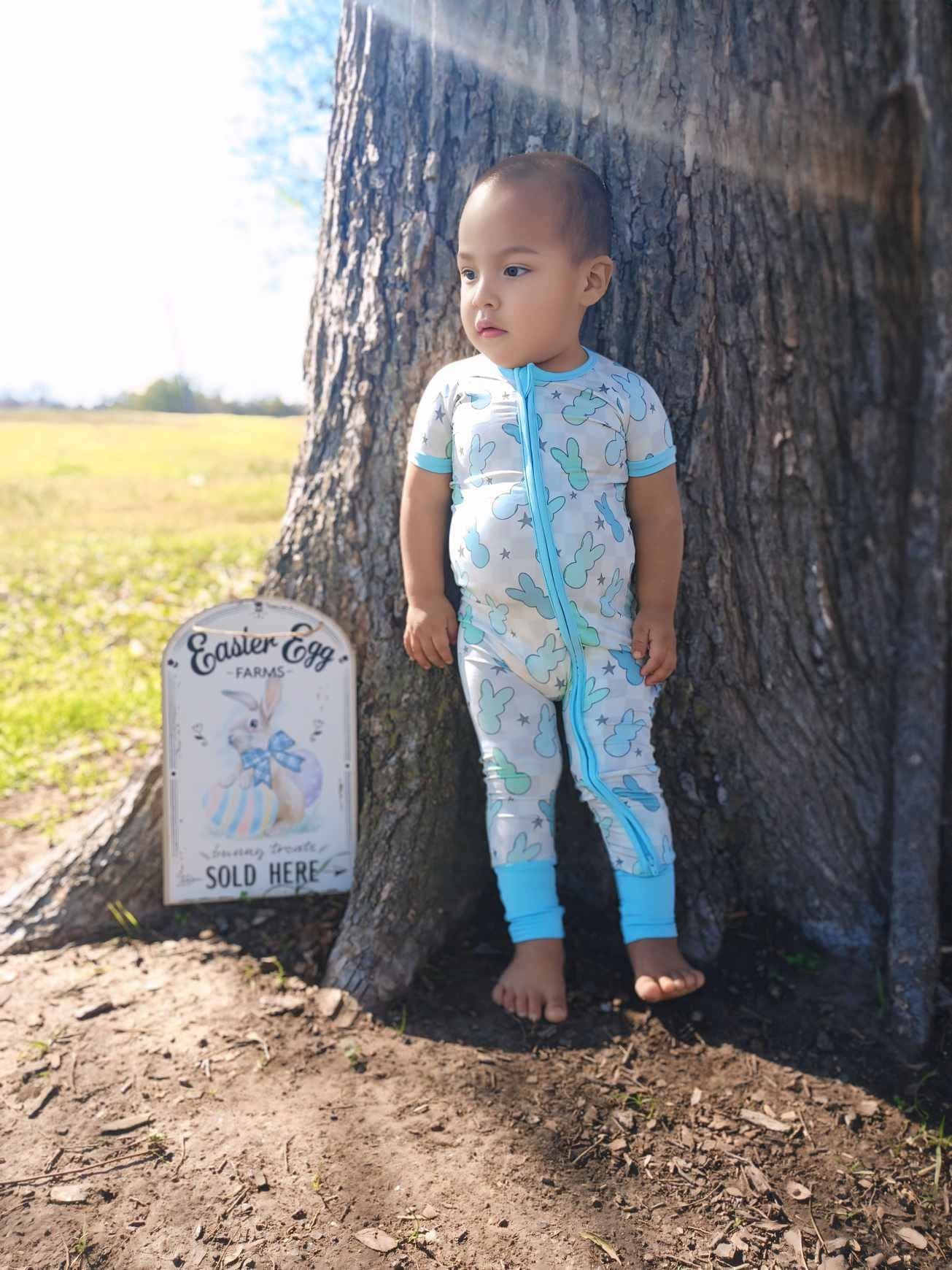 Blue Bunnies Short Sleeve Bamboo Sleeper (FINAL SALE)