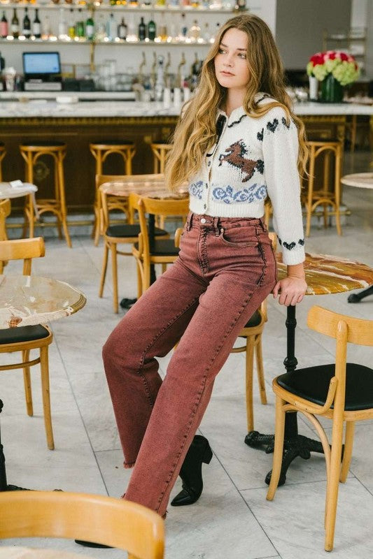 TUMMY CONTROL BURGUNDY HIGH RISE FLARE JEANS