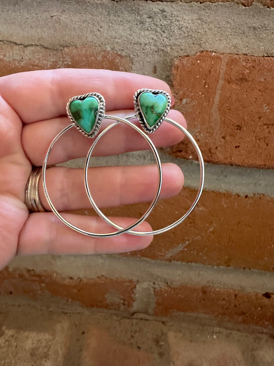 Handmade Sonoran Turquoise and Sterling Silver Heart Hoop Earrings