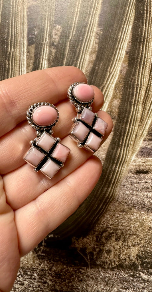 Handmade Pink Conch and Sterling Silver Earrings Signed Nizhoni