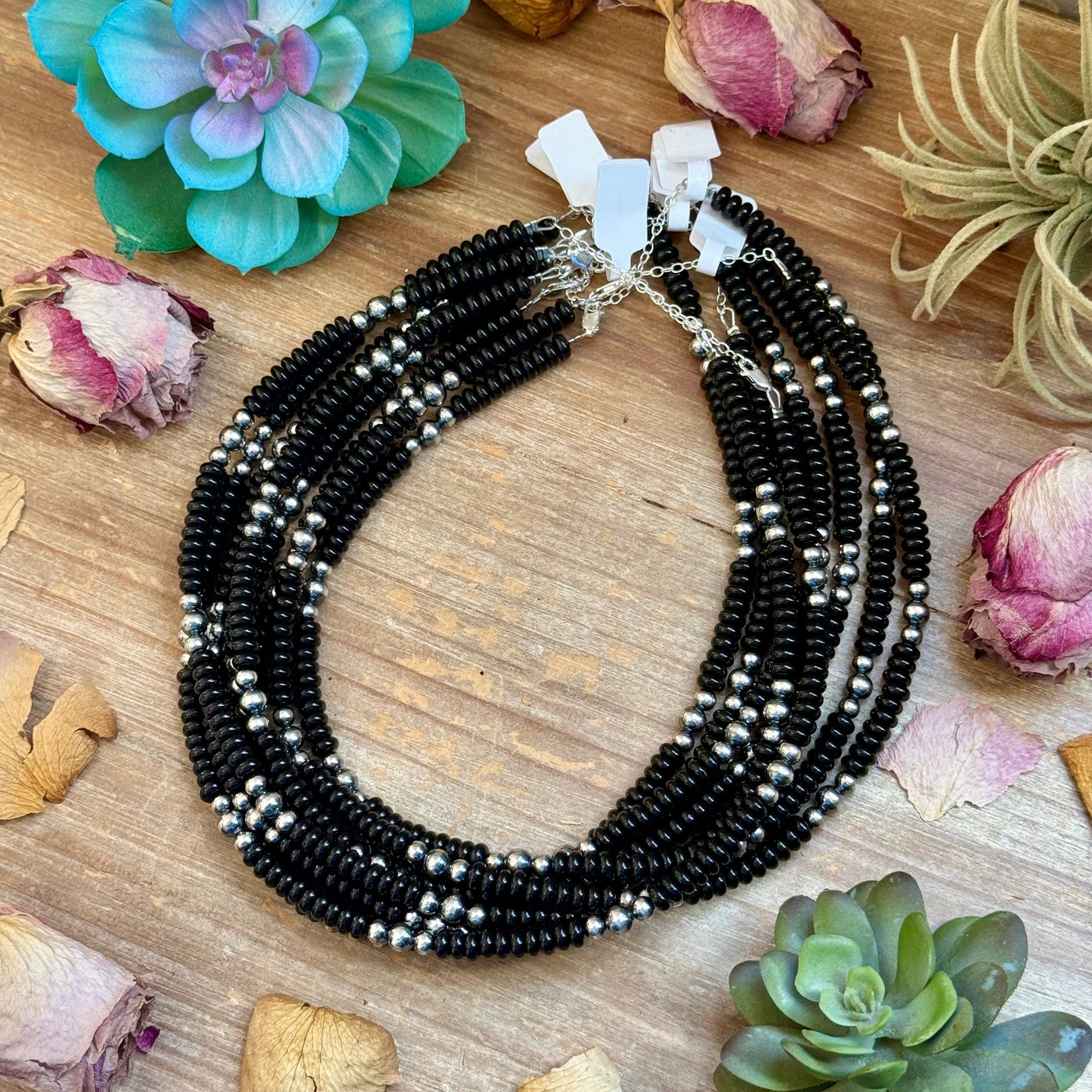Black Onyx & Sterling Pearl Necklace 16.5”