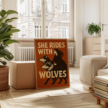 She Rides With Wolves Rustic Art Print