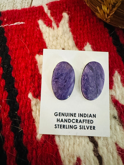 Navajo Sterling Silver And Charoite Stud Earrings