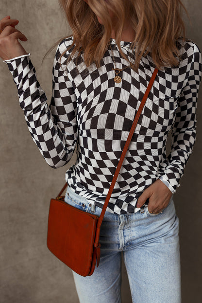 Black Checkered Pattern Mesh Mock Neck Long Sleeve Top