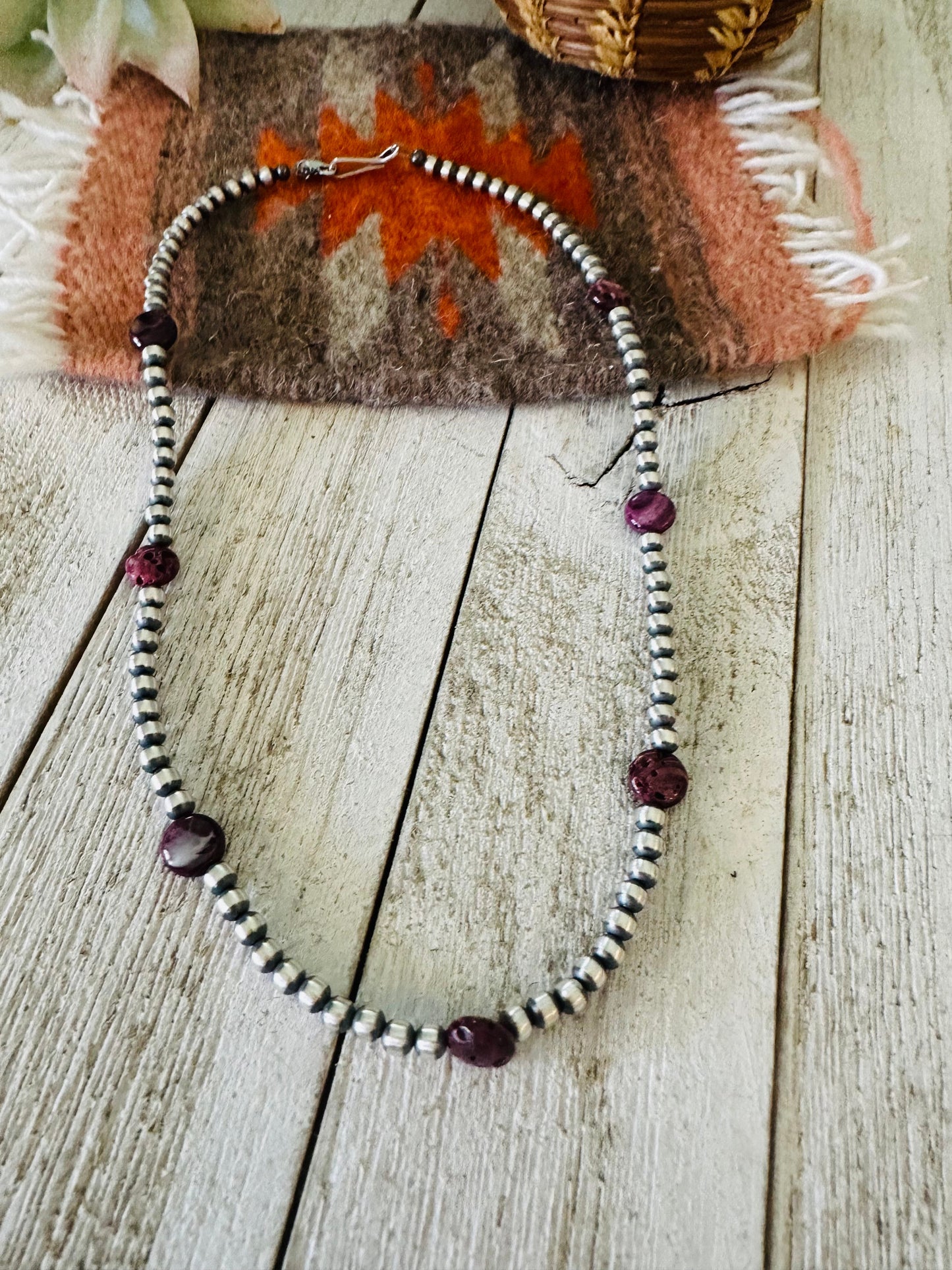 Navajo Purple Spiny & Sterling Silver Pearl Beaded 18” Necklace