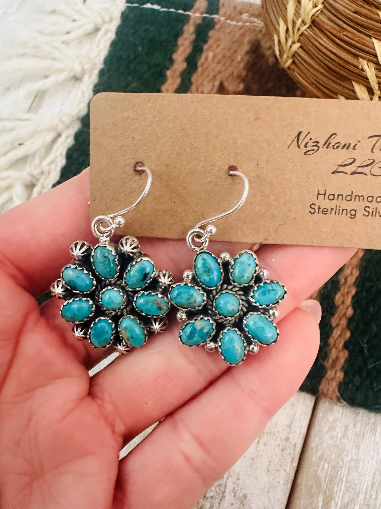 Handmade Turquoise & Sterling Silver Cluster Dangle Earrings