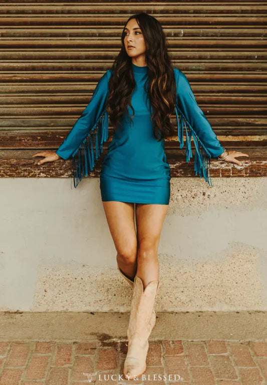 Teal Satin Fringe Dress