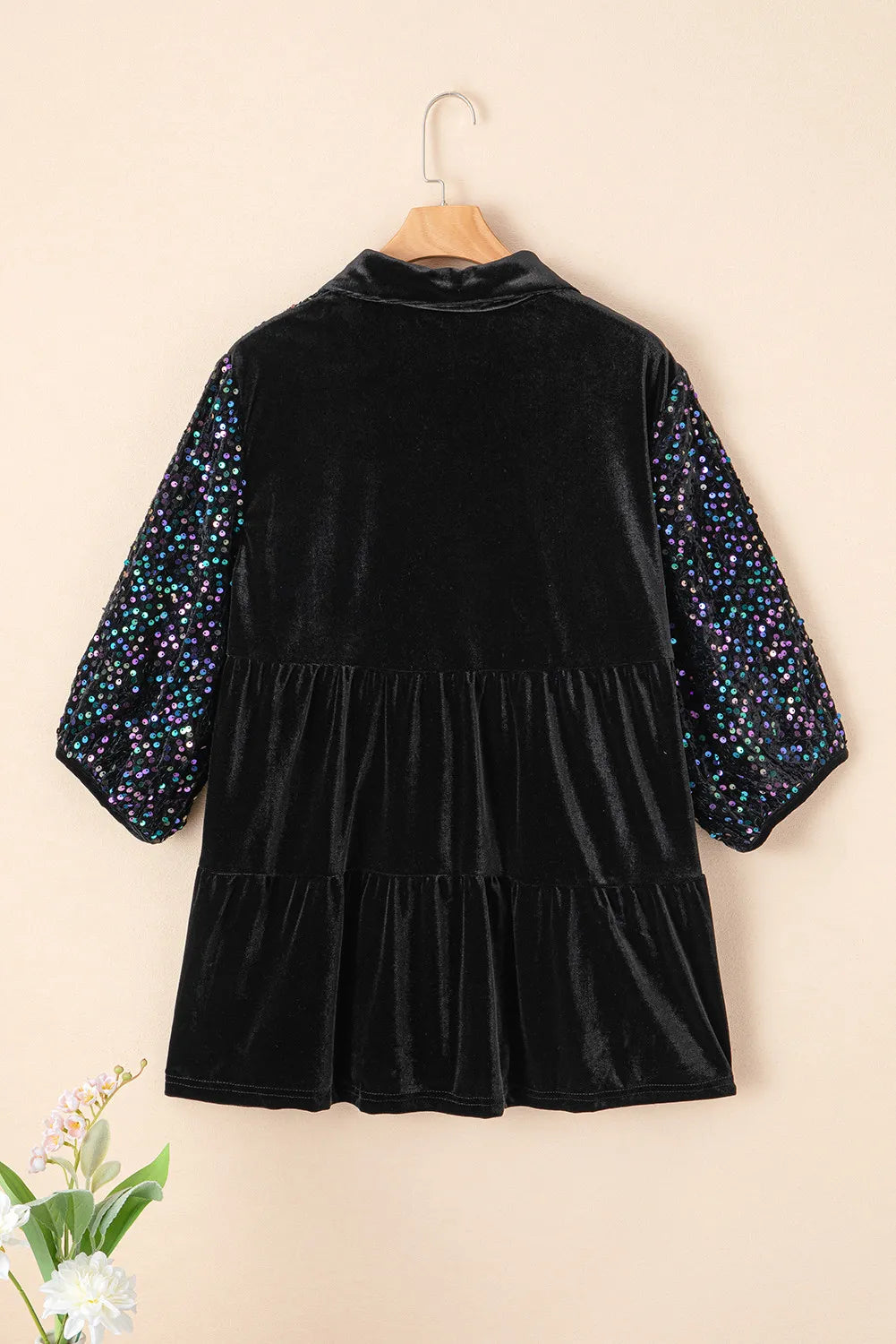 Sequin Collared Neck Three-Quarter Sleeve Oversize Shirt