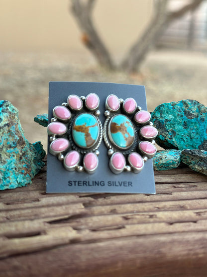 Navajo Queen Pink Conch & Turquoise Sterling Silver Cluster Stud Earrings