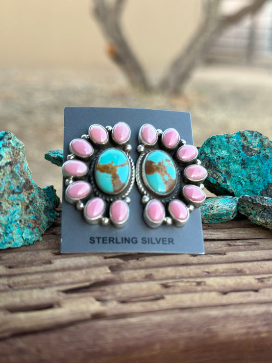 Navajo Queen Pink Conch & Turquoise Sterling Silver Cluster Stud Earrings