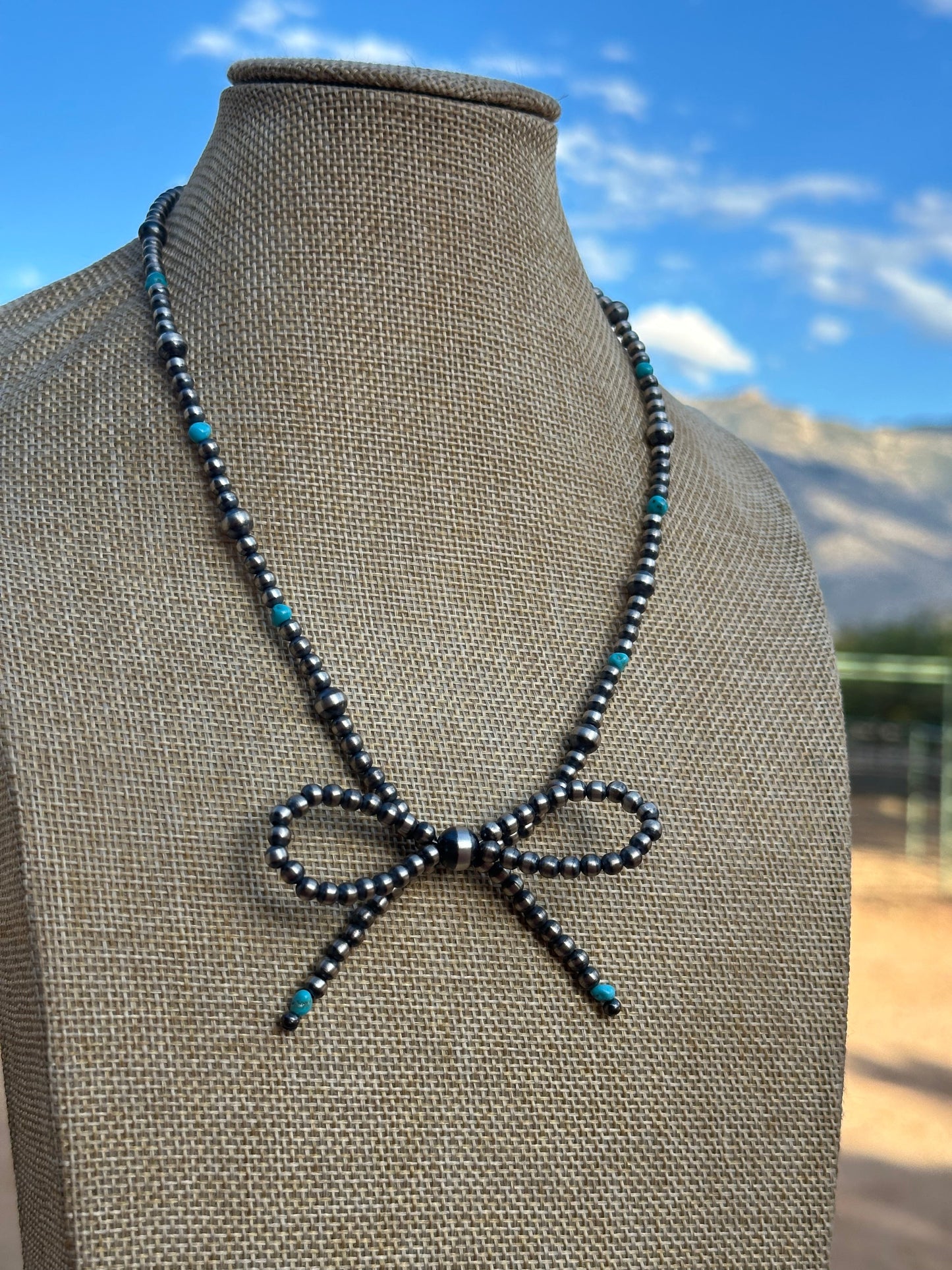 Navajo Made Sterling Silver & Turquoise  Pearl Beaded  Bow Tie  Necklace 18 inches