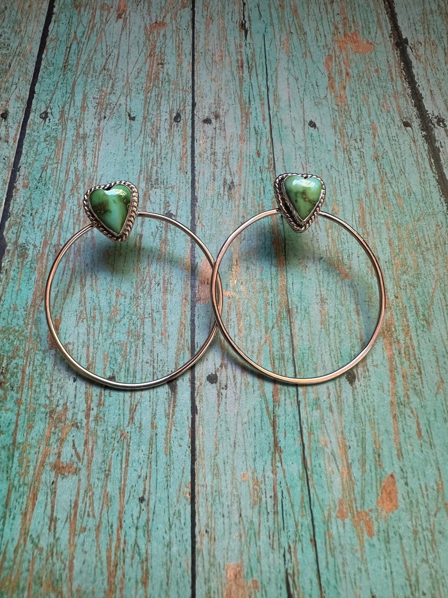 Handmade Sonoran Turquoise and Sterling Silver Heart Hoop Earrings