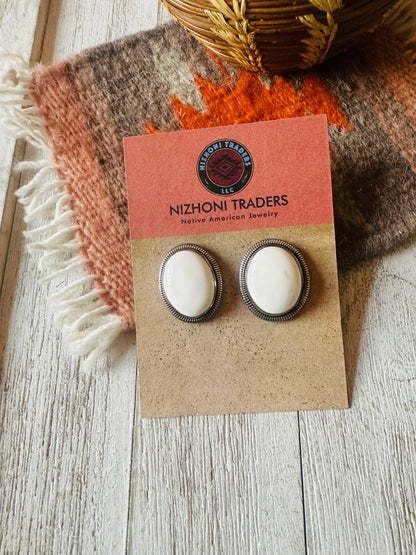 Navajo White Buffalo & Sterling Silver Post Earrings