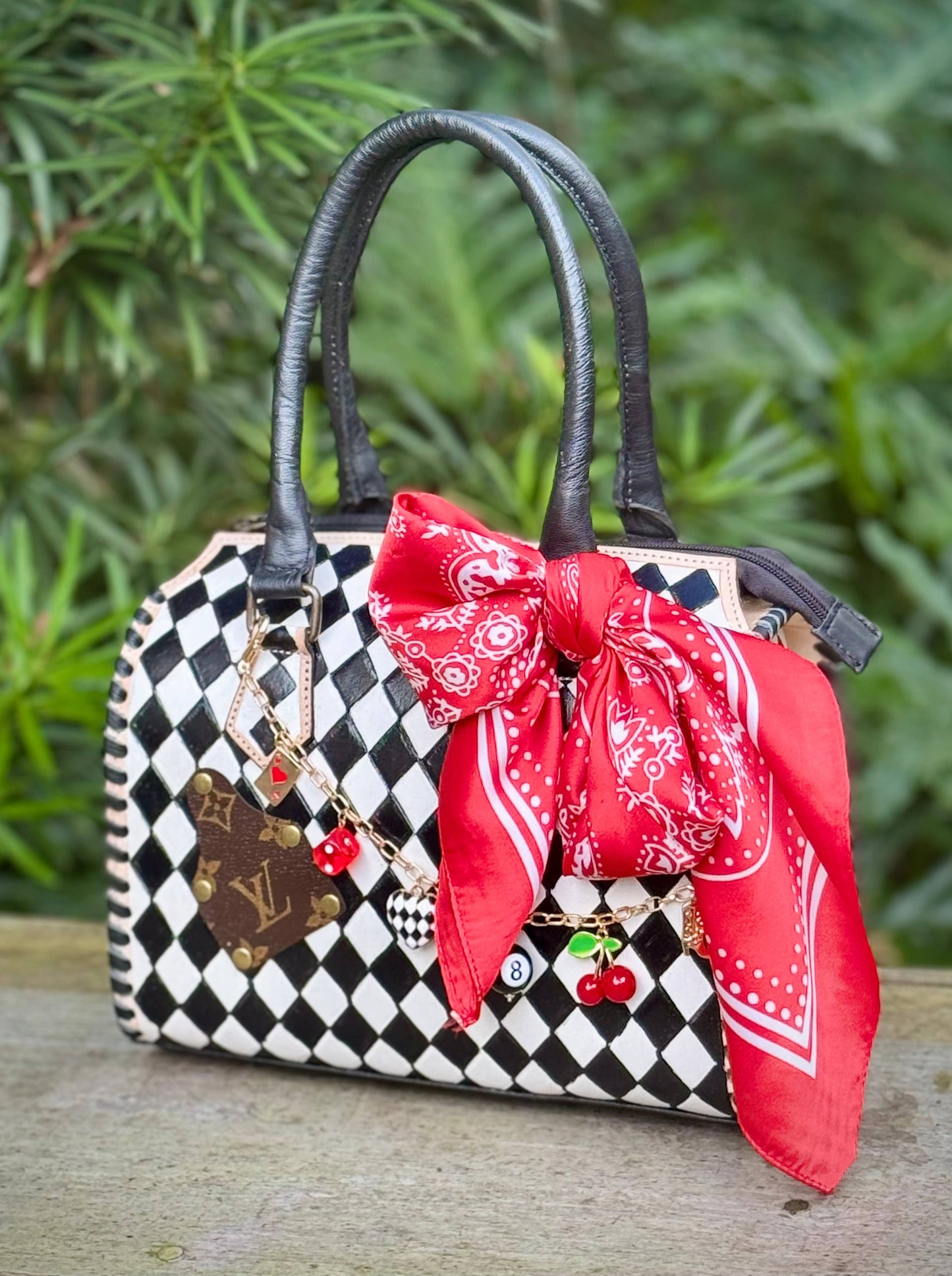 Upcycled LV Leather Checkered & Cherries Speedy Bag