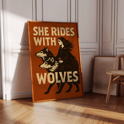 She Rides With Wolves Rustic Art Print