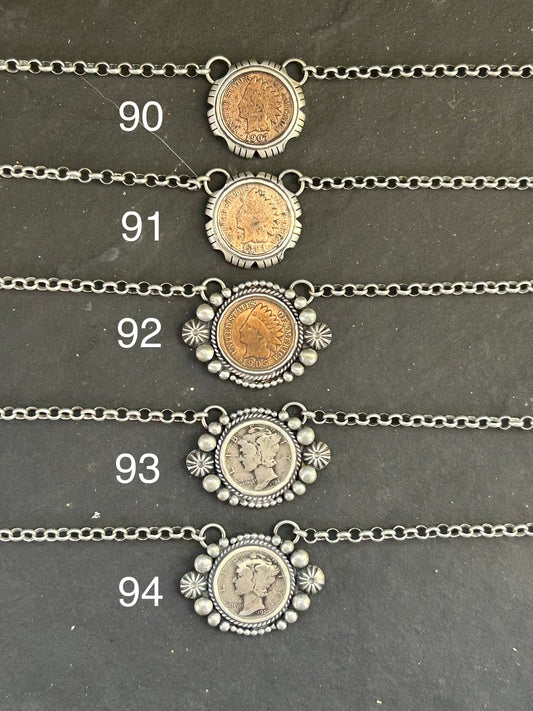 90 - Sterling Silver Indian Head Penny Framed Fixed Chain Necklace by Jason Ogg